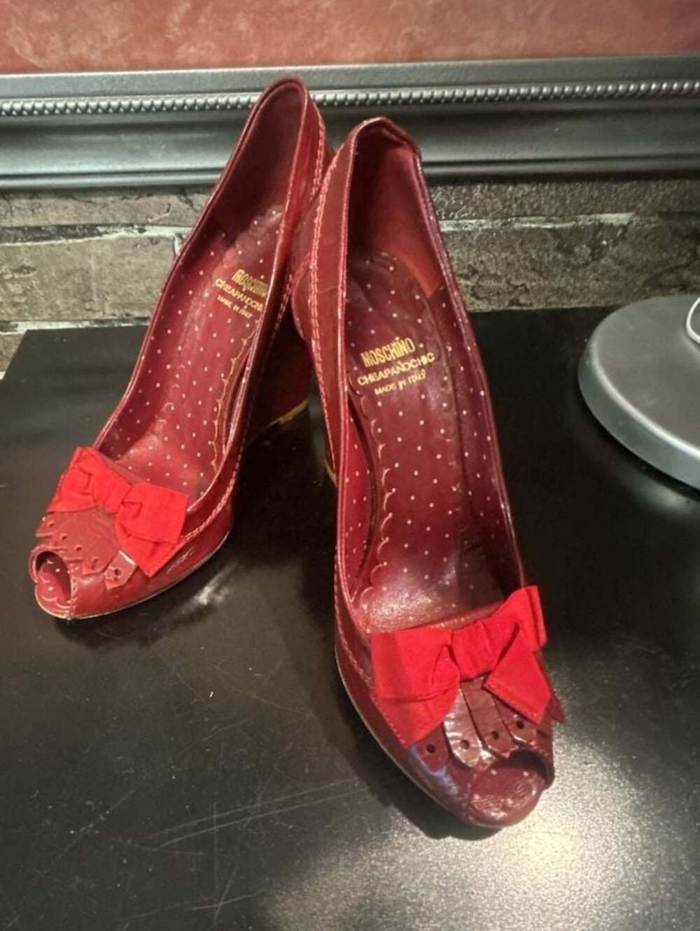 Moschino Cheap and Chic Red Patent Leather Peep Toe Bow Wedge Pumps